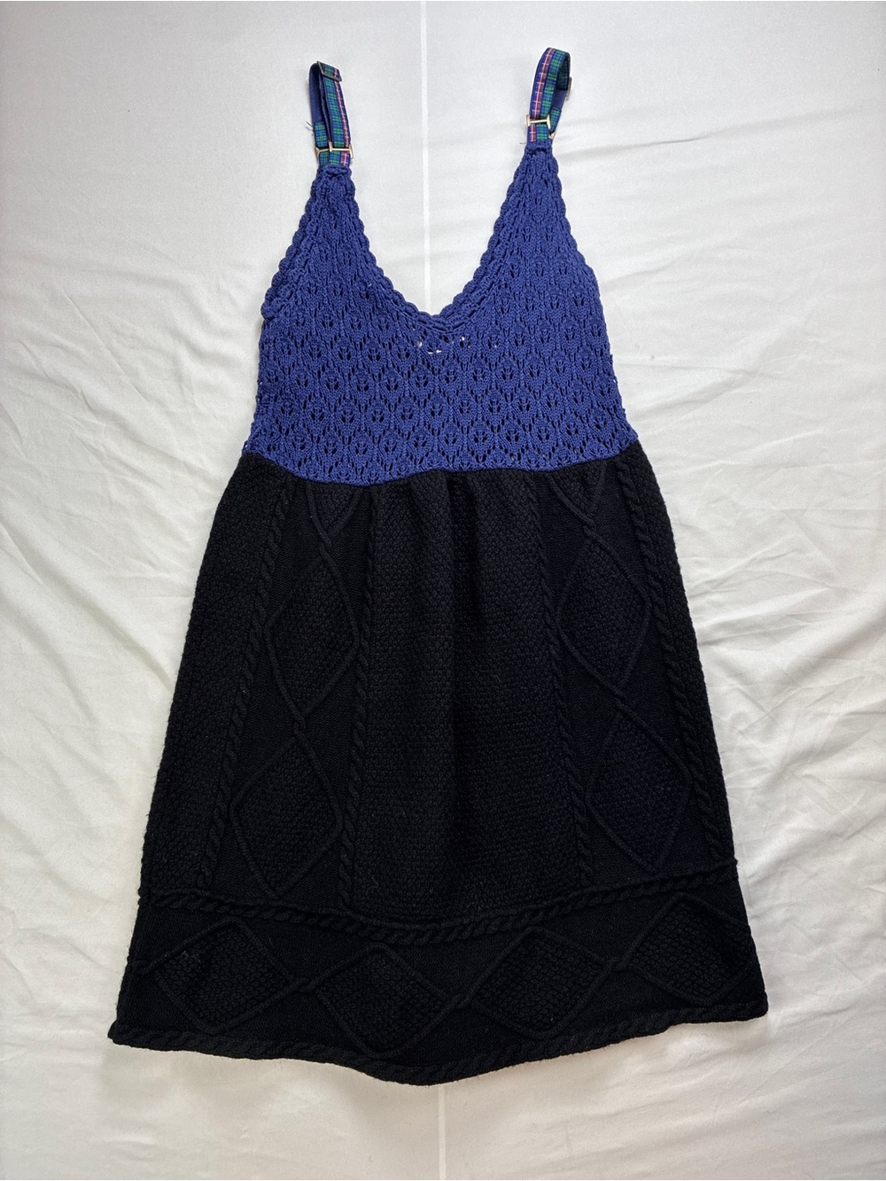Free People Blue/Purple & Black Knit & Wool V-Neck Mini Dress Adjustable Strap